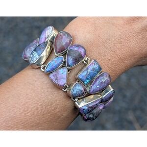 Vintage Bracelet Heavy Silver Statement Jewelry Art Deco Purp Turq sz ADJ ***